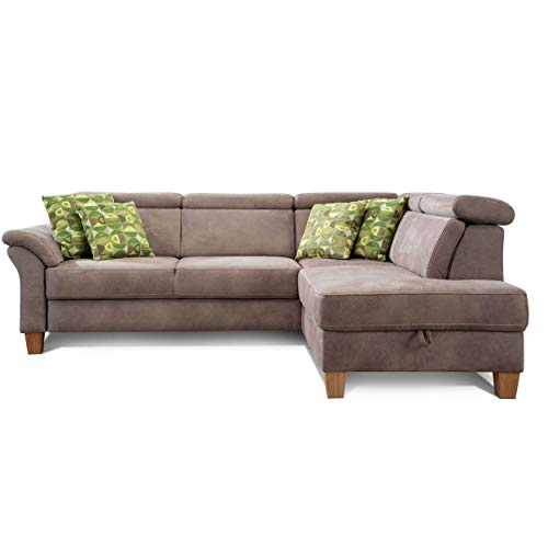 Cavadore Ecksofa Ammerland mit Ottomane rechts / Federkern-Sofa im Landhausstil mit verstellbaren Kopfstützen / 245 x 84 x 194 / Lederoptik hellbraun