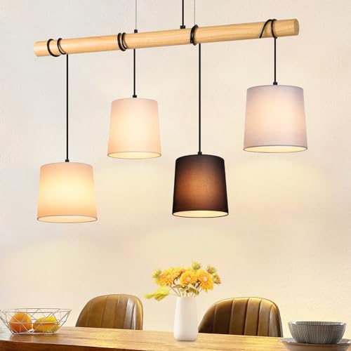 Glitzerlife Pendelleuchte Esstisch Hängelampe Vintage - Esszimmerlampe Holz E27 Hängeleuchte 4 Flammig Küche Weiß Esstischlampe aus Stoff Pendellampe Metall für Esszimmer Wohnzimmer Arbeitzimmer Büro