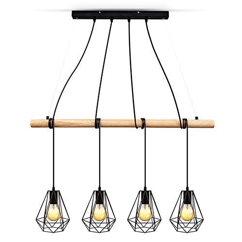 B.K.Licht - Pendelleuchte mit E27 Fassung, max. 60 Watt, Vintage, Hängeleuchte, Hängelampe Esstisch, Esszimmerlampe hängend, Wohnzimmerlampe, Küchenlampe, Retro, Vintage, 90x16,5x160 cm, Schwarz