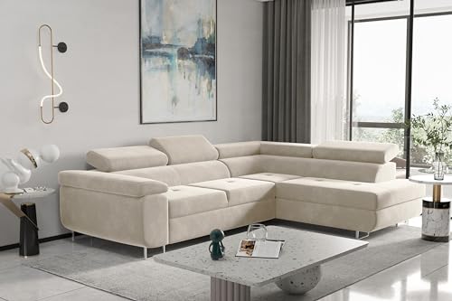 Kaiser Möbel Ecksofa Atom LUX - Modern Design Couch, Ecksofa mit Schlaffunktion und Bettkasten, Polsterecke, freistehend, Stoff Monolith Klasse A, Ecru Rechts