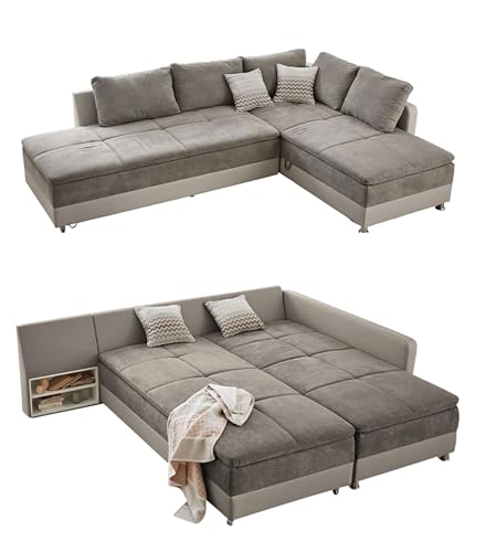 Federkern Ecksofa 306x223 cm Dauerschläfer, Doppelbett Schlaffunktion, Kaltschaum-Topper, Bettkasten, Regal, Schwenkteil LINKS, Mikrofaser-Bezug Grau Braun, Korpus Kunstleder Beige / 15101