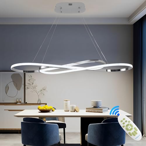 Qiaomao 57W Dimmbare LED Pendelleuchte, Doppelfigur 8 Design Hängeleuchte mit Fernbedienung, Pendellampe Hängend Höhenverstellbar, Hängelampe für Wohnzimmer, Esstisch, Esszimmer, Küche, Silber