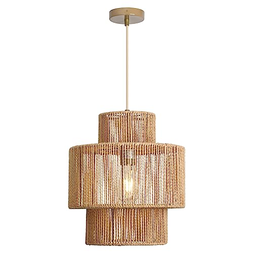 FORCOSO Hängelampe Rattan, Pendelleuchte Esstisch Rattan, Deckenlampe Rattan Ø32 cm, Boho Hängeleuchte Geflochten E27, max.60W für Schlafzimmer Wohnzimmer Esszimmer Flur Küche - Braun