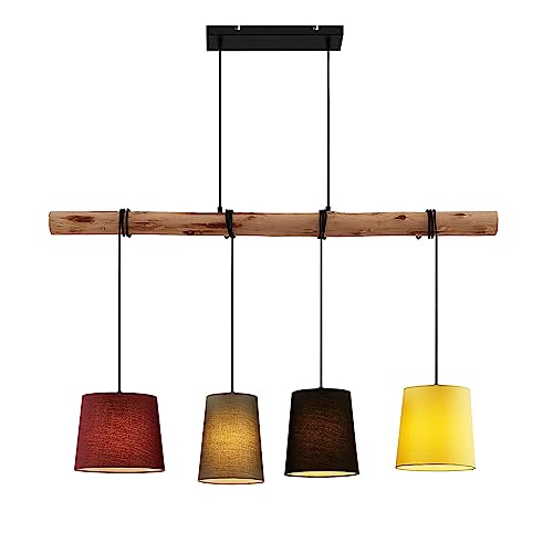 Lindby Esstisch Pendelleuchte Holz, Textil, Balkenpendelleuchte Holzast und Stoff Lampenschirm, Hängelampe, Lampe Wohnzimmer 4x E27, ohne Leuchtmittel