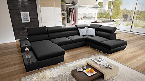 All4All Ecksofa mit Schlaffunktion Picanto 358 cm x 227 cm - Wohnlandschaft U-Form - Sofa mit Bettkasten - XXL Sofa - Groß - Gewebe mit Kunstleder - Linke Seite - Schwarz/Schwarz - Modern 26