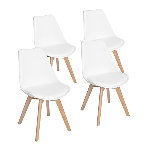 EGGREE 4er Set Esszimmerstühle mit Massivholz Buche Bein, Retro Design Gepolsterter Stuhl Küchenstuhl Holz, Weiß