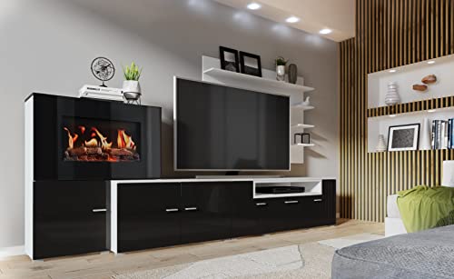 Skraut Home – Wohnzimmermöbel mit elektrischem Kamin – 170 x 290 x 45 cm – LED-Beleuchtungssystem mit Flammeneffekt – neues Olympo-Modell – moderner Stil – Ausführung in Weiß/Schwarz