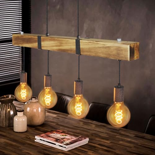 GBLY Vintage Pendelleuchte Holz Esstischlampe Retro Hängeleuchte mit 80CM Holzbalken 6 x E27 4Watt G80 Warmweiß 2700K Hängelampe Industrial Pendellampe für Esszimmer Küche Wohnzimmer Bar Restaurant