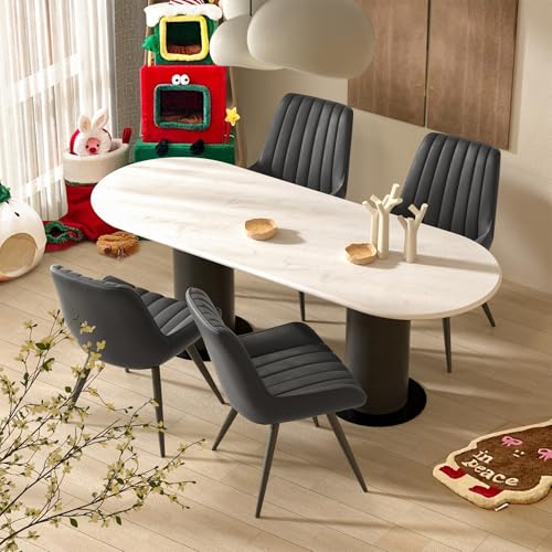 Hawthyhome Esszimmerstühle 4er Set | Polsterstühle mit 10 cm Sitzkissen • künstlicher Stoff Dining Chair • Küchenstuhl mit Rückenlehne • Moderne Sessel • Metallbeine • Schwarz FU01043BL-4