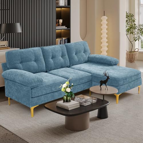 MEROUS Ecksofa - Chenille Sofa Polsterecke Couch in L-Form - Waschbare Kissen - Chaiselongue beidseitig montierbar - 210cm Breit Eckcouch Klein mit 3 Sitzer für Wohnungen/Wohnzimmer - Hellblau