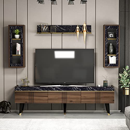 KARYA Wohnwand – Wohnzimmer TV Set – TV Schrank – TV Lowboard – Fernsehtisch - TV Möbel mit 3 Türen in modernem Design (Nussbaum/Marmor)