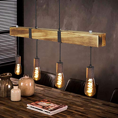 GBLY Vintage Pendelleuchte Holz Esstischlampe Retro Hängeleuchte mit 80CM Holzbalken 4 x E27 max. 25 Watt Hängelampe Industrial Pendellampe für Esszimmer Küche Wohnzimmer Bar Restaurant