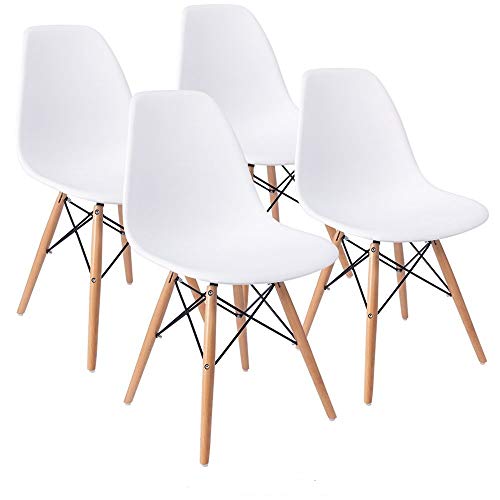 COMFORTA BLE Plus Set of 4 Dining Room Chairs Eiffel DSW Dining Bedroom Kitchen White Retro Plastic Seat and Wooden Legs