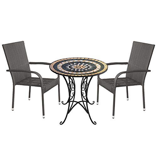Wohaga 3tlg. Sitzgruppe Gartenmöbel-Set Mosaiktisch Ø70cm + 2X stapelbare Polyrattan Gartenstühle Grau