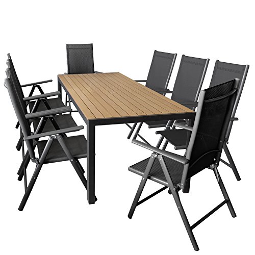 Wohaga 9er Set Gartenmöbel Aluminium Gartentisch mit Polywood Tischplatte 205x90cm + 8X klappbare Hochlehner mit 2x2 Textilengewebe, Rückenlehne 7-Fach verstellbar